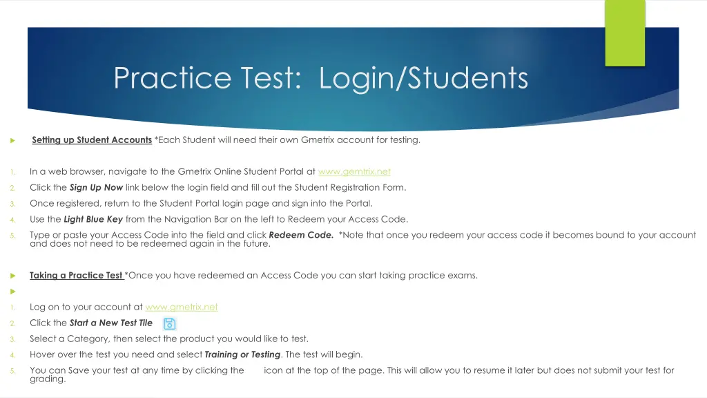 practice test login students