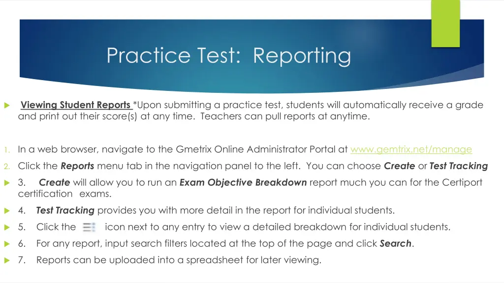 practice test reporting