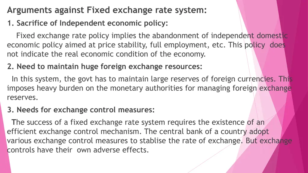 arguments against fixed exchange rate system