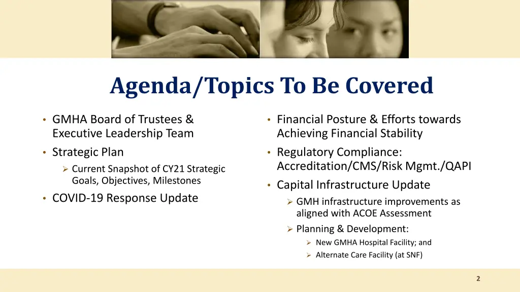 agenda topics to be covered