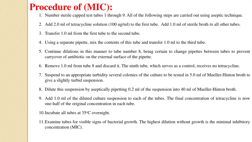 procedure of mic 1 number sterile capped test