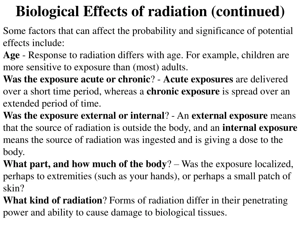 biological effects of radiation continued