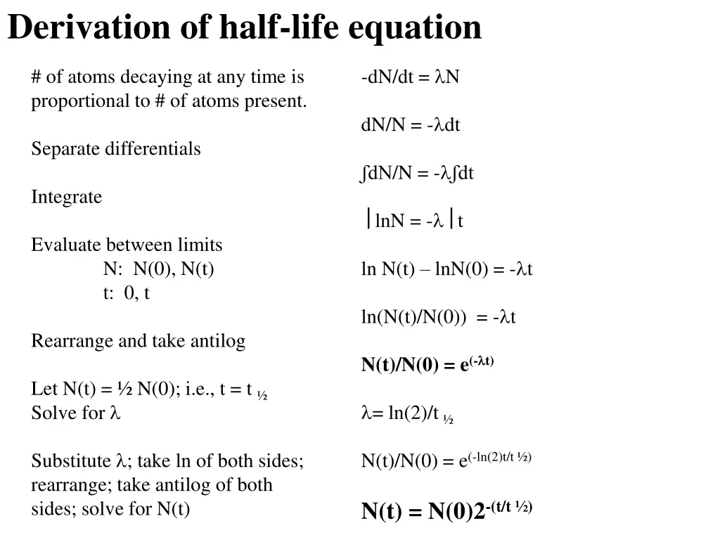 derivation of half life equation