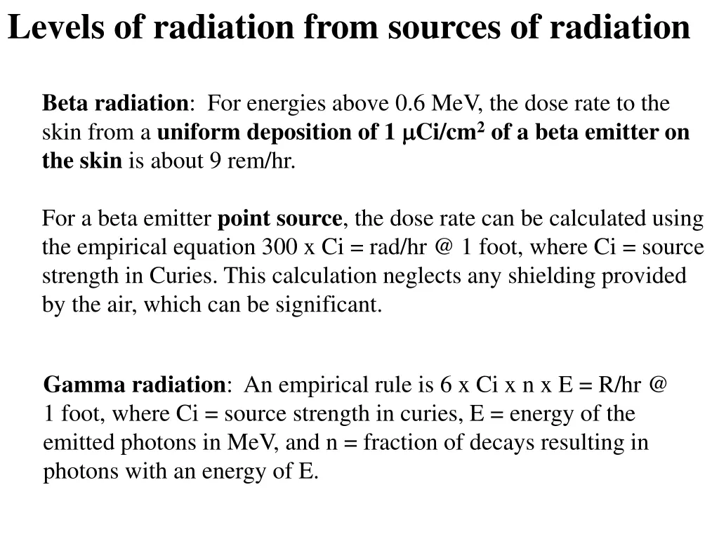 levels of radiation from sources of radiation