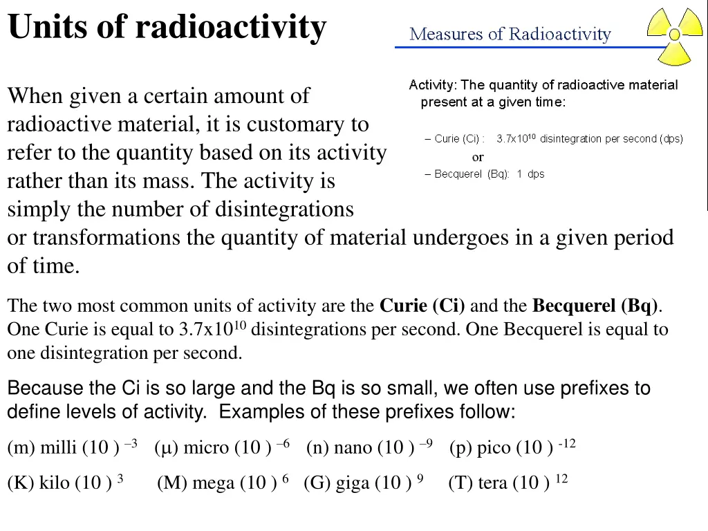 units of radioactivity