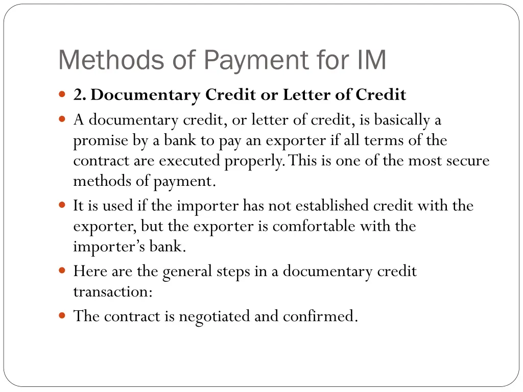 methods of payment for im 1