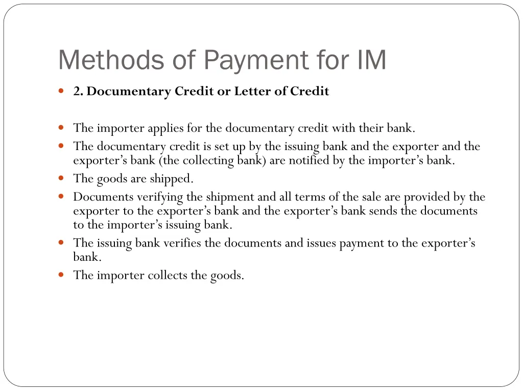 methods of payment for im 2