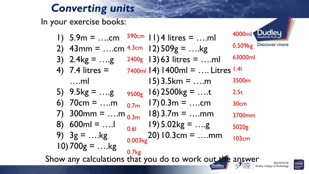 converting units in your exercise books