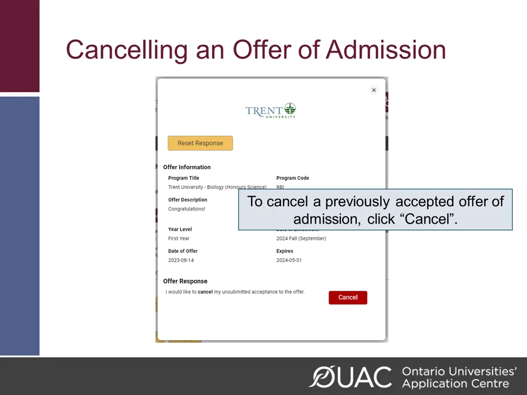 cancelling an offer of admission