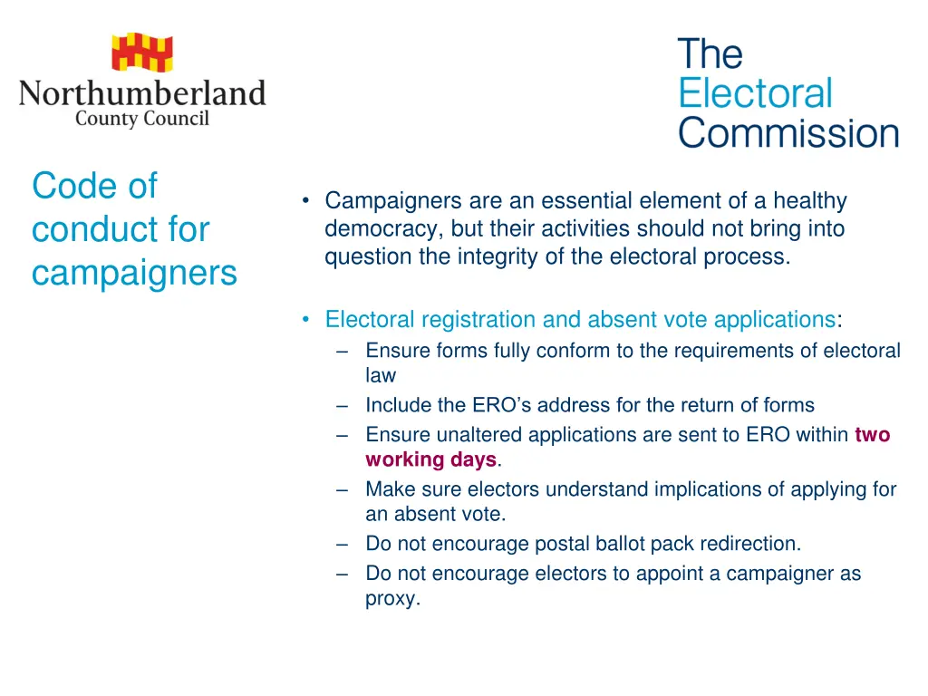 code of conduct for campaigners