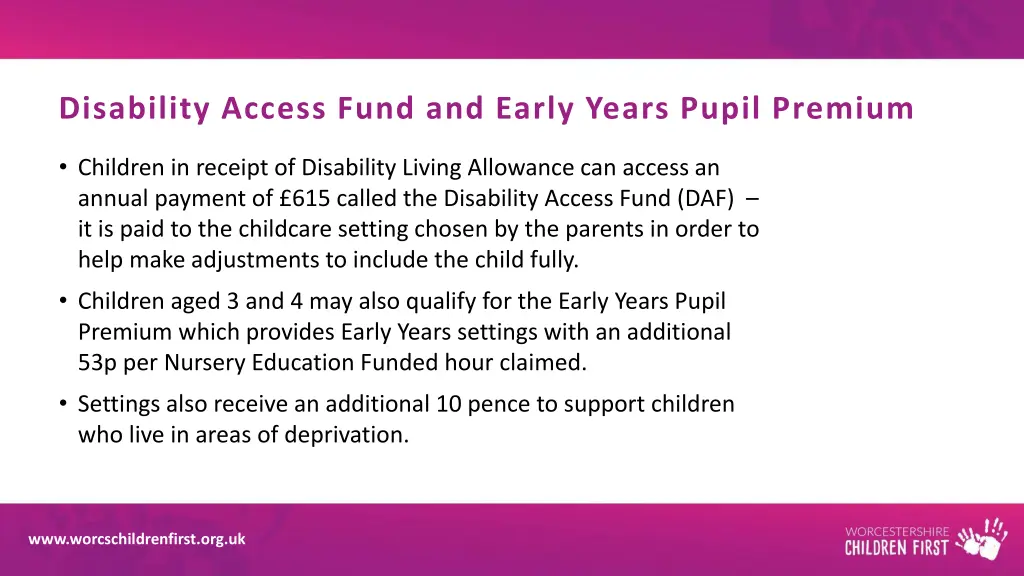 disability access fund and early years pupil