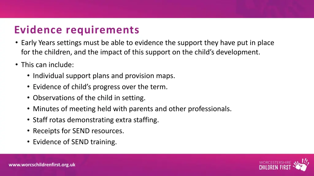 evidence requirements early years settings must