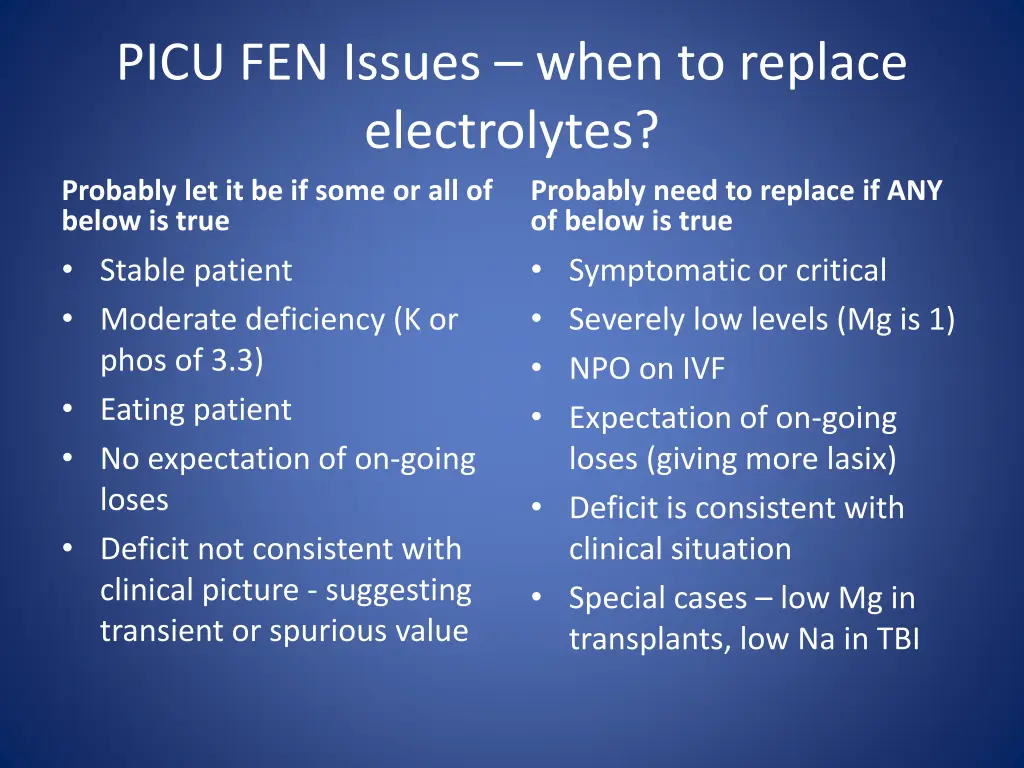 picu fen issues when to replace electrolytes