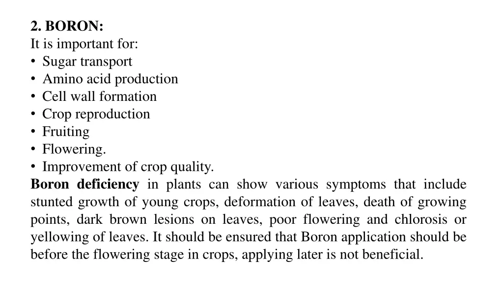 2 boron it is important for sugar transport amino