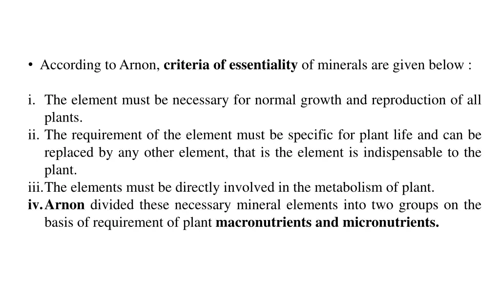 according to arnon criteria of essentiality