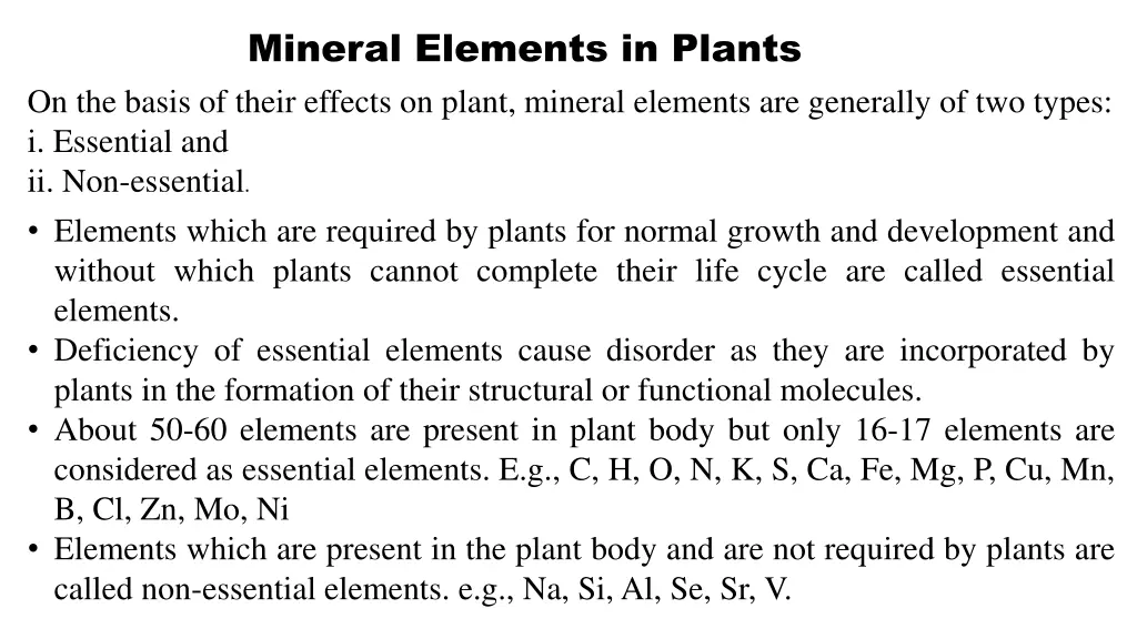 mineral elements in plants on the basis of their