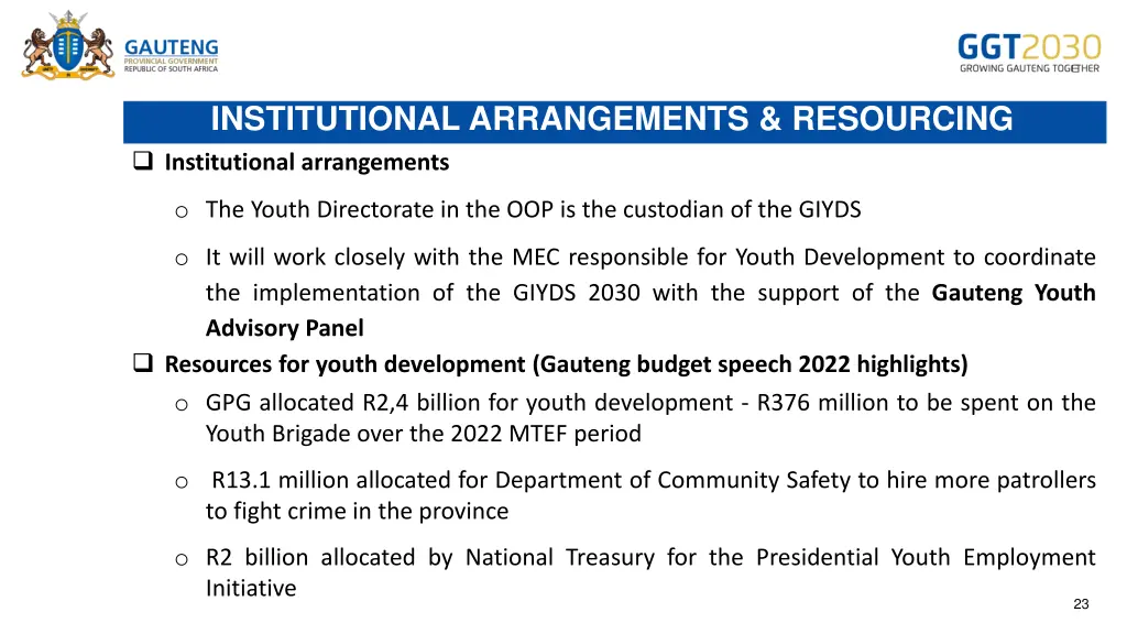 institutional arrangements resourcing