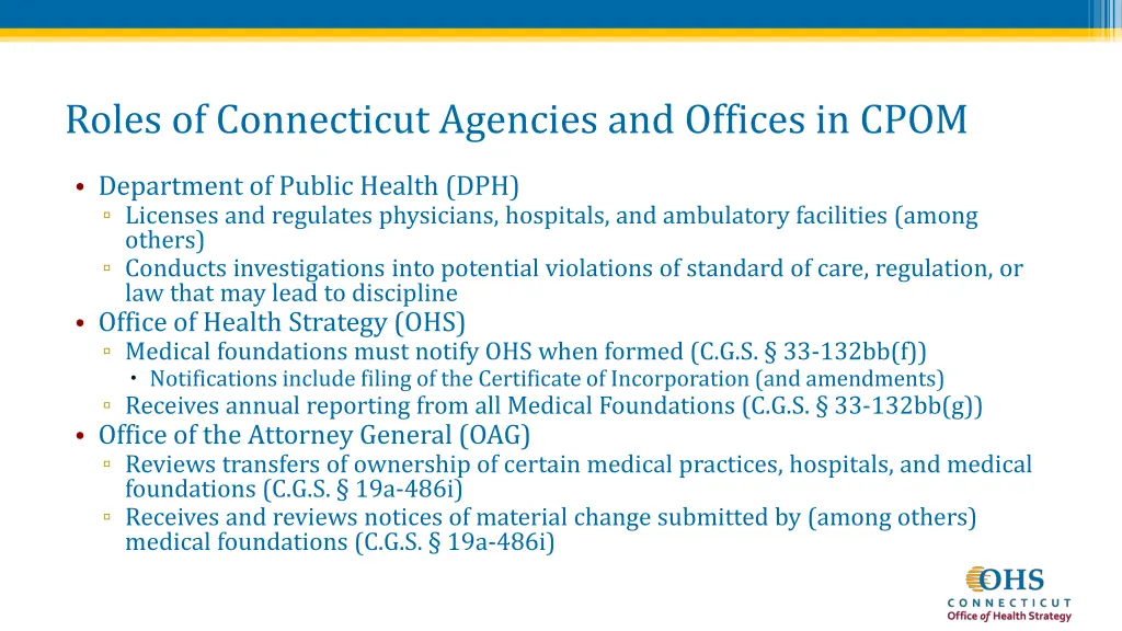 roles of connecticut agencies and offices in cpom