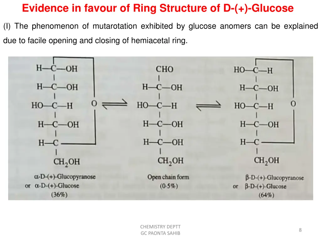 evidence in favour of ring structure of d glucose