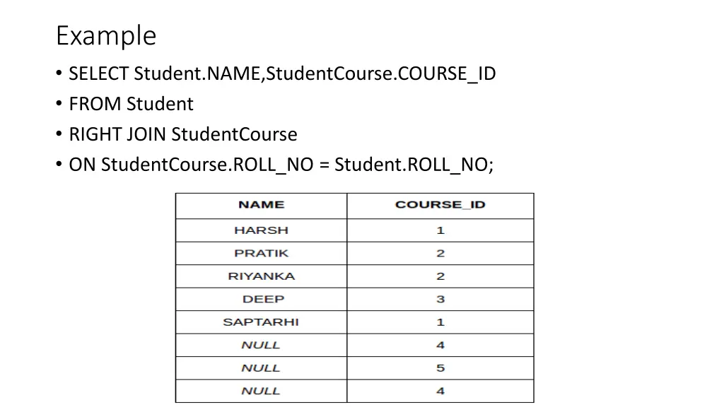 example select student name studentcourse course