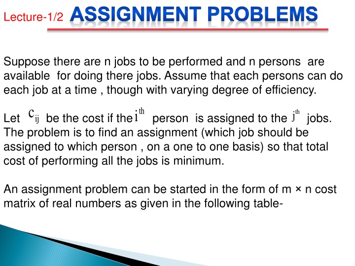 lecture 1 2 assignment problems