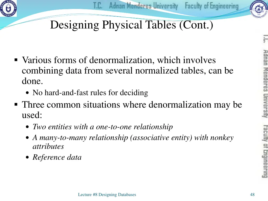 designing physical tables cont