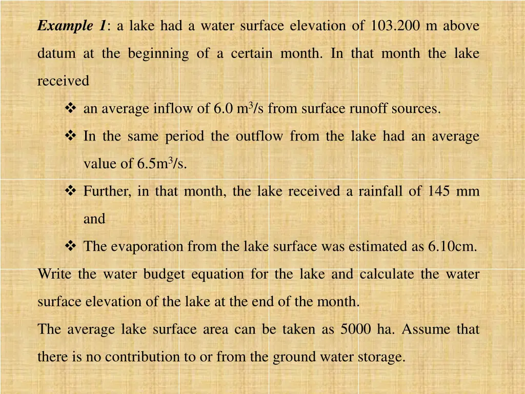 example 1 a lake had a water surface elevation