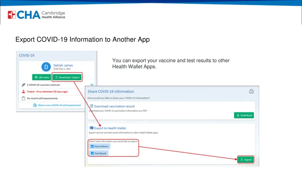 export covid 19 information to another app