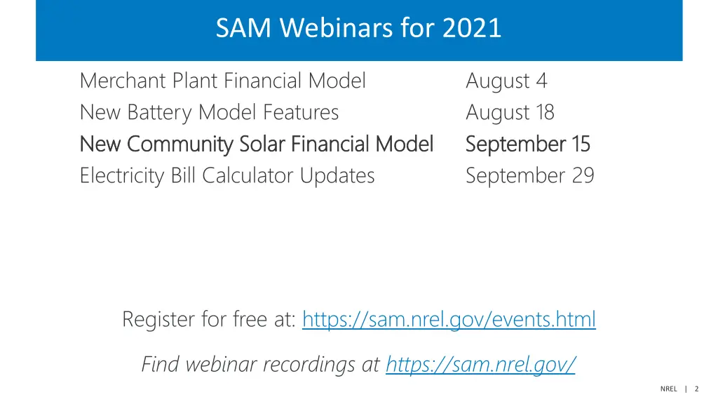 sam webinars for 2021