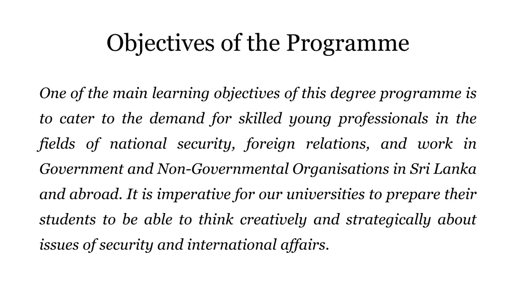 objectives of the programme