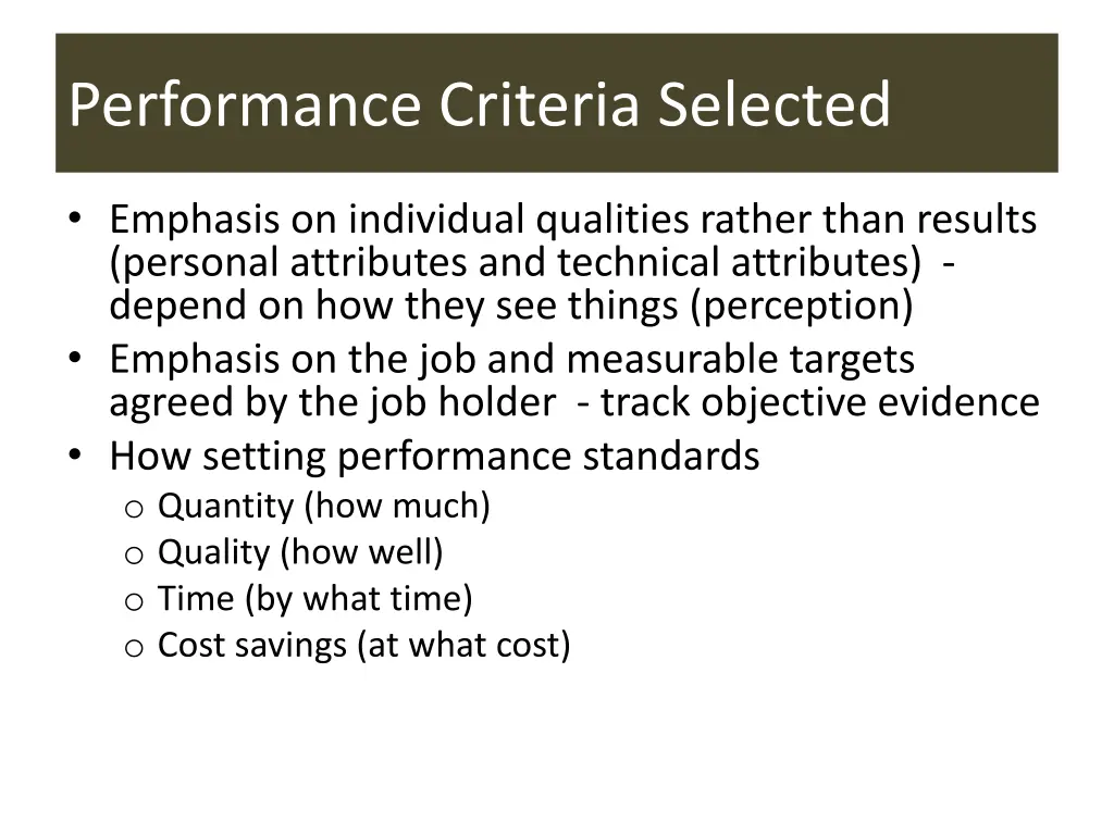 performance criteria selected