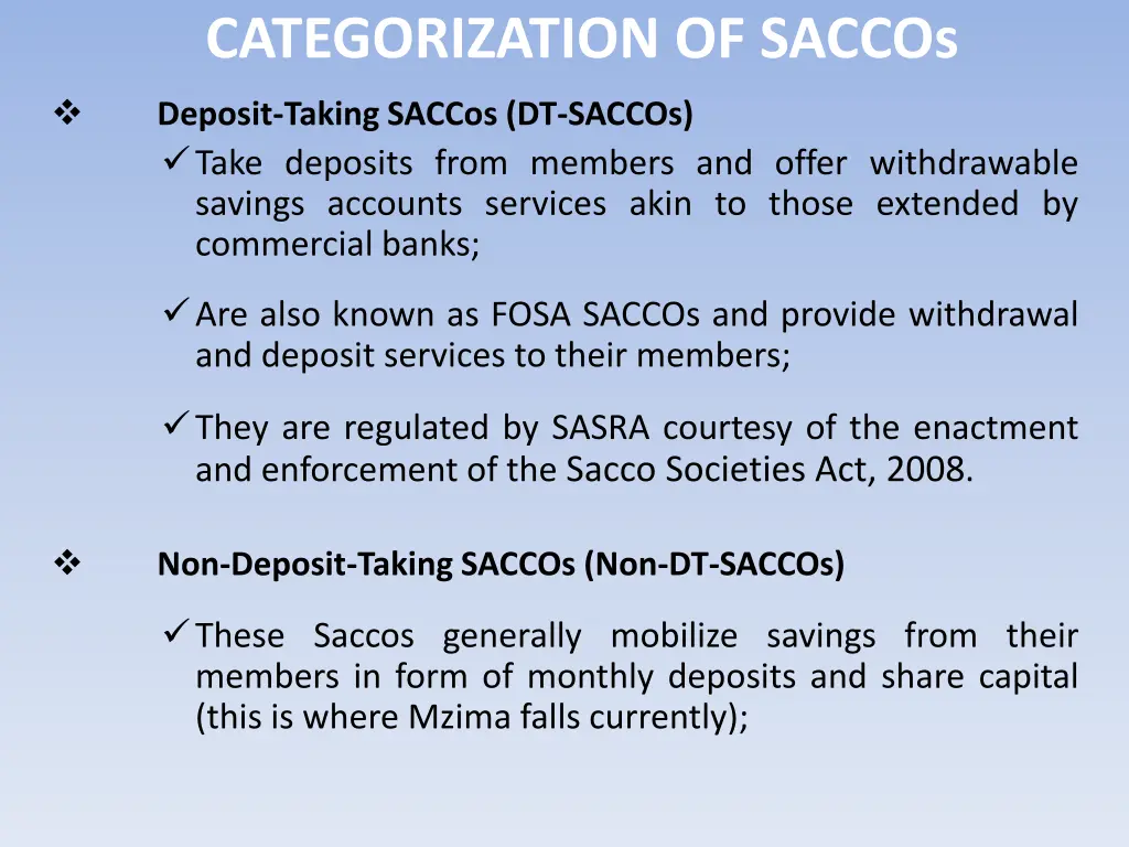 categorization of saccos