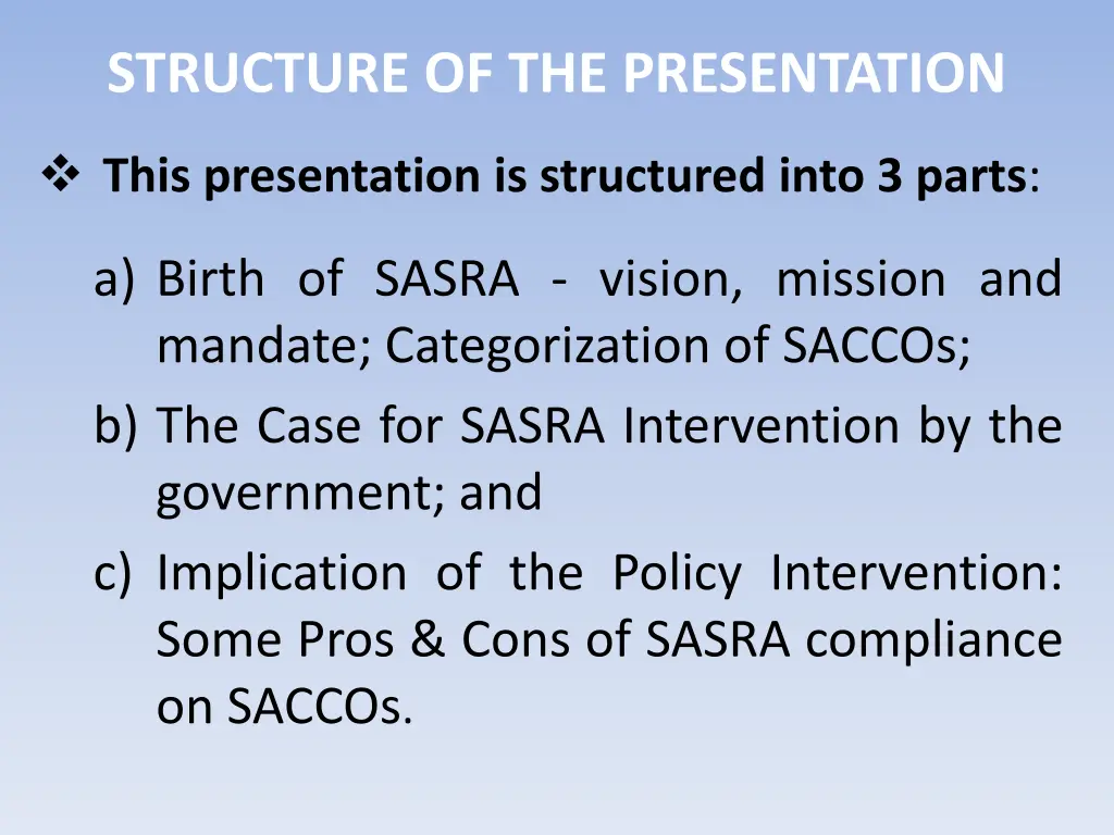 structure of the presentation