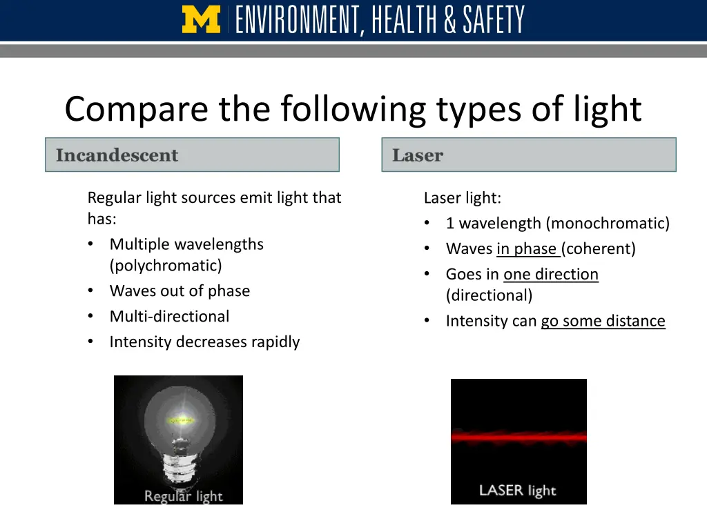 compare the following types of light