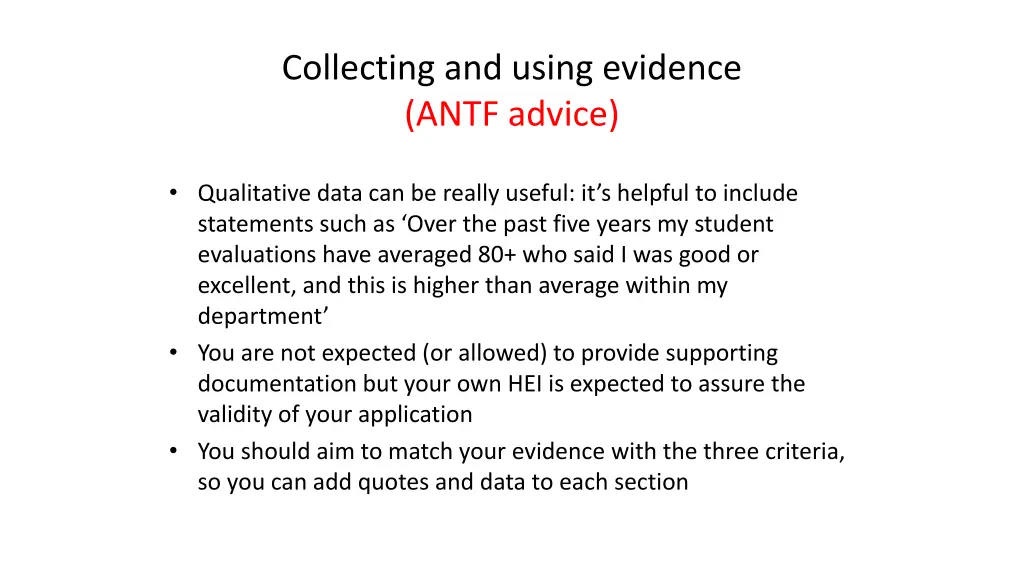 collecting and using evidence antf advice