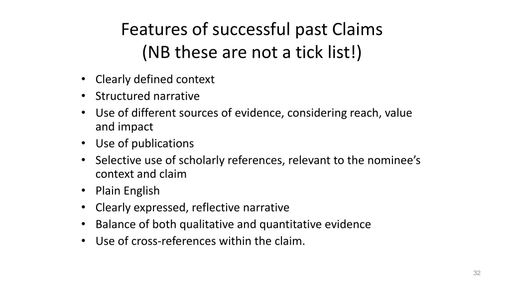 features of successful past claims nb these