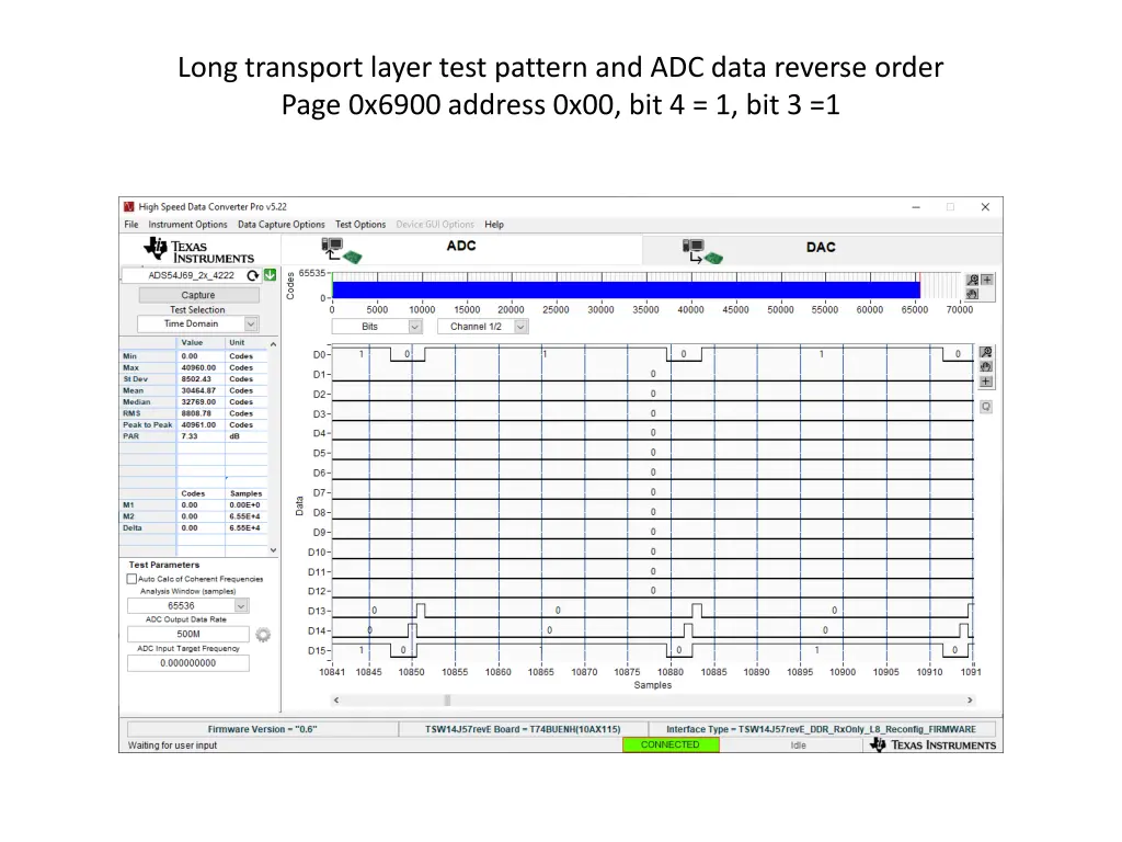 long transport layer test pattern and adc data