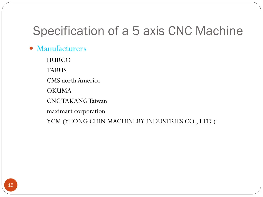 specification of a 5 axis cnc machine