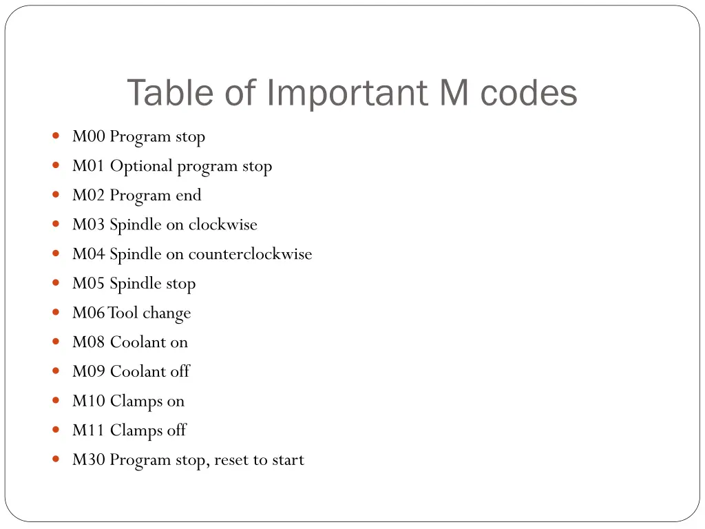 table of important m codes