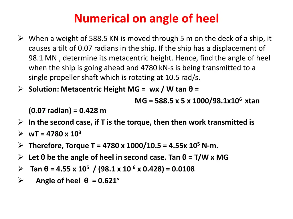 numerical on angle of heel