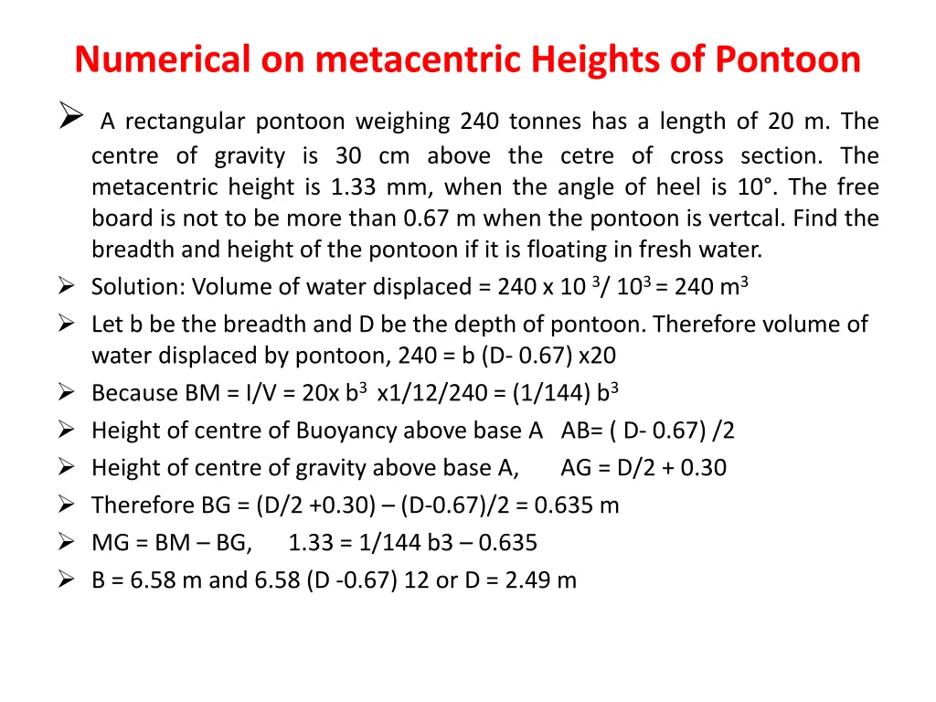 numerical on metacentric heights of pontoon