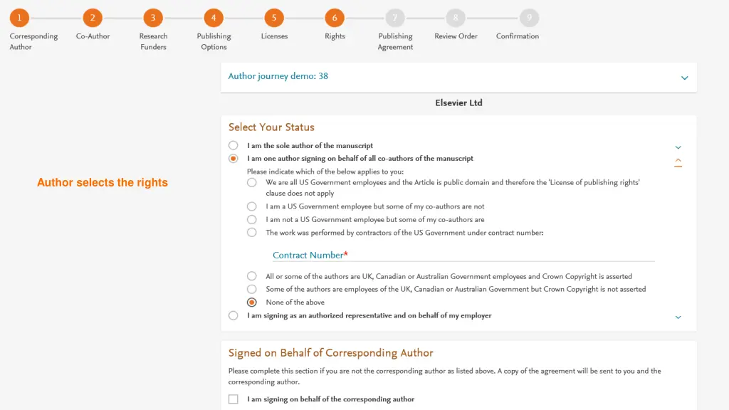 author selects the rights