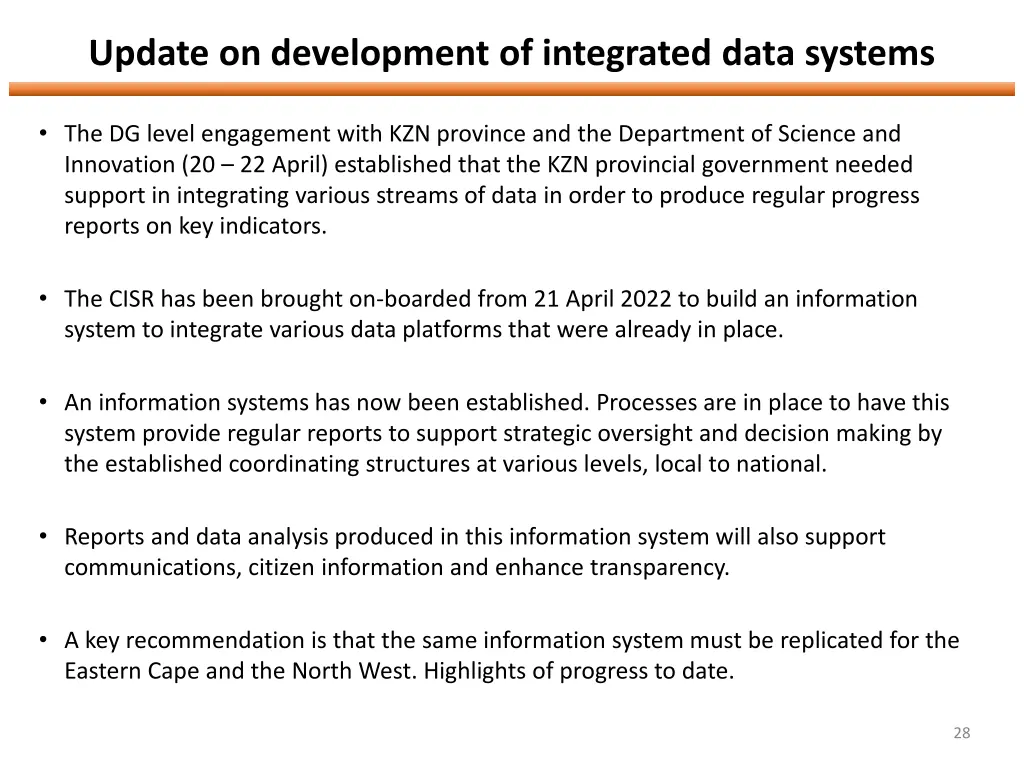 update on development of integrated data systems