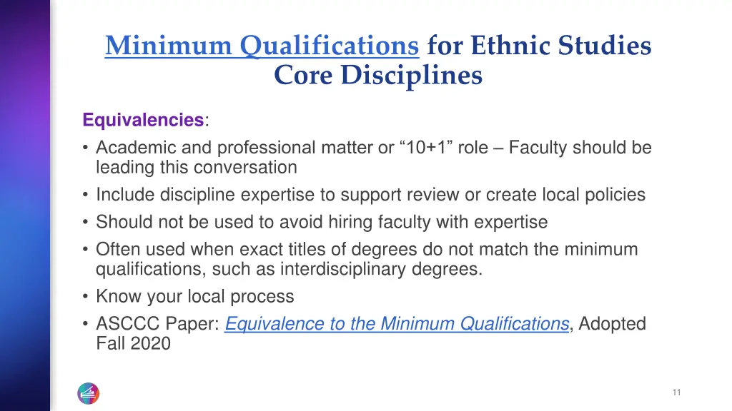 minimum qualifications for ethnic studies core 1