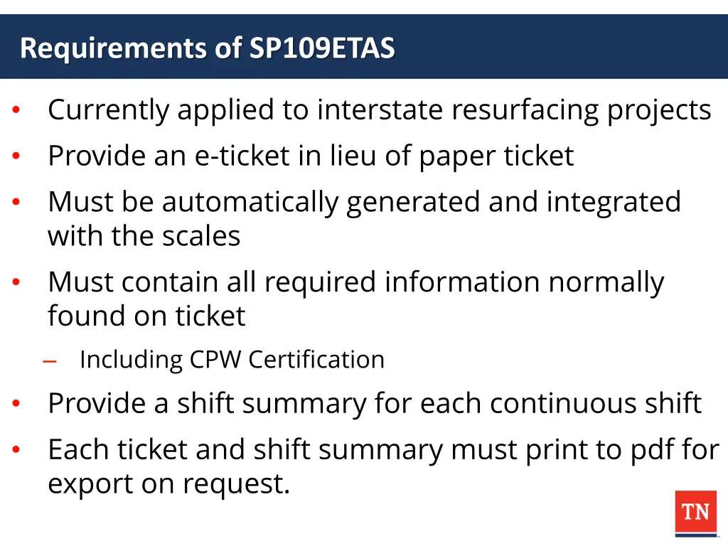 requirements of sp109etas