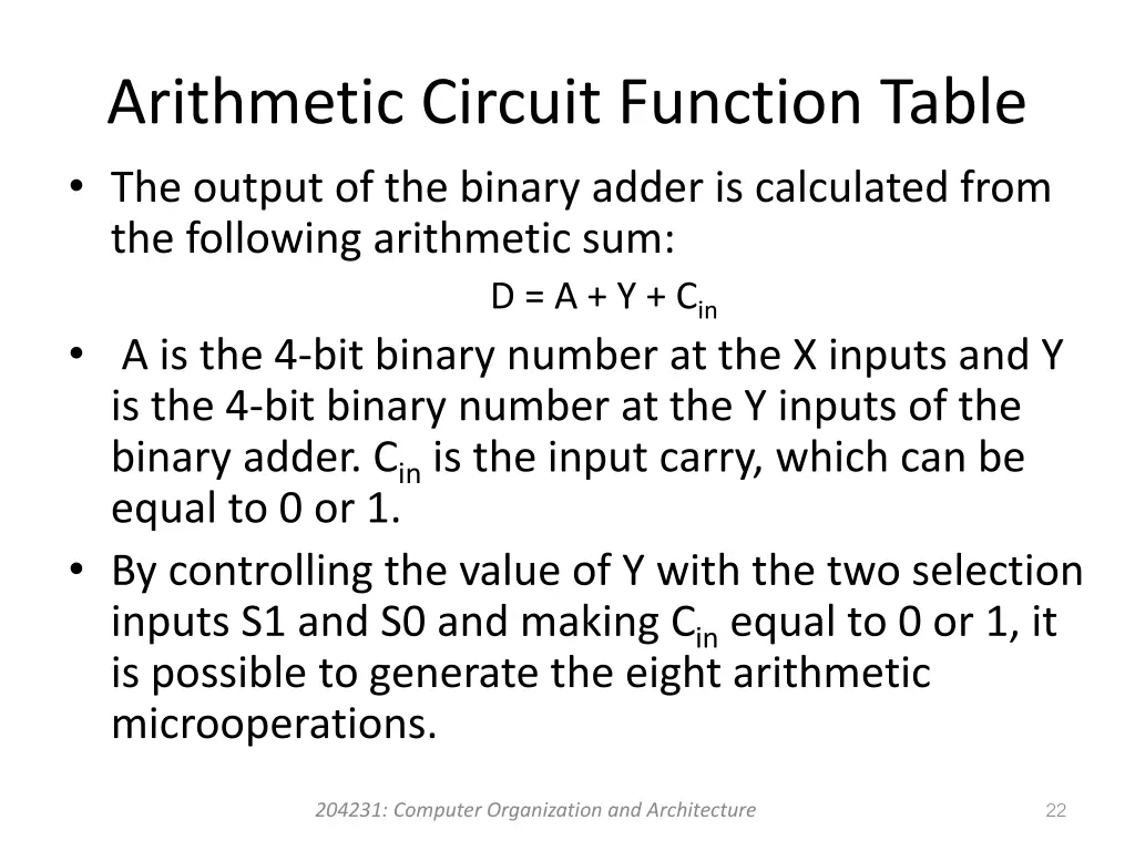 arithmetic circuit function table the output