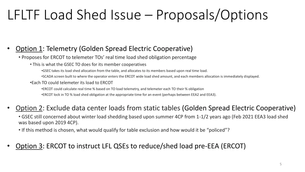 lfltf load shed issue proposals options