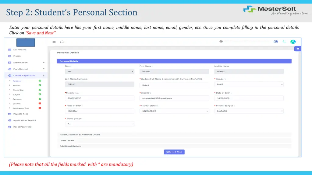 step 2 student s personal section