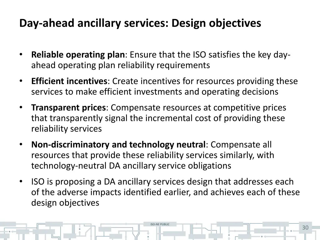 day ahead ancillary services design objectives