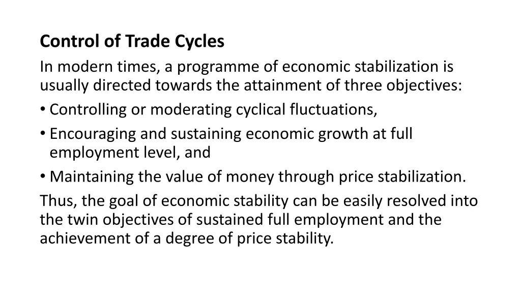 control of trade cycles in modern times